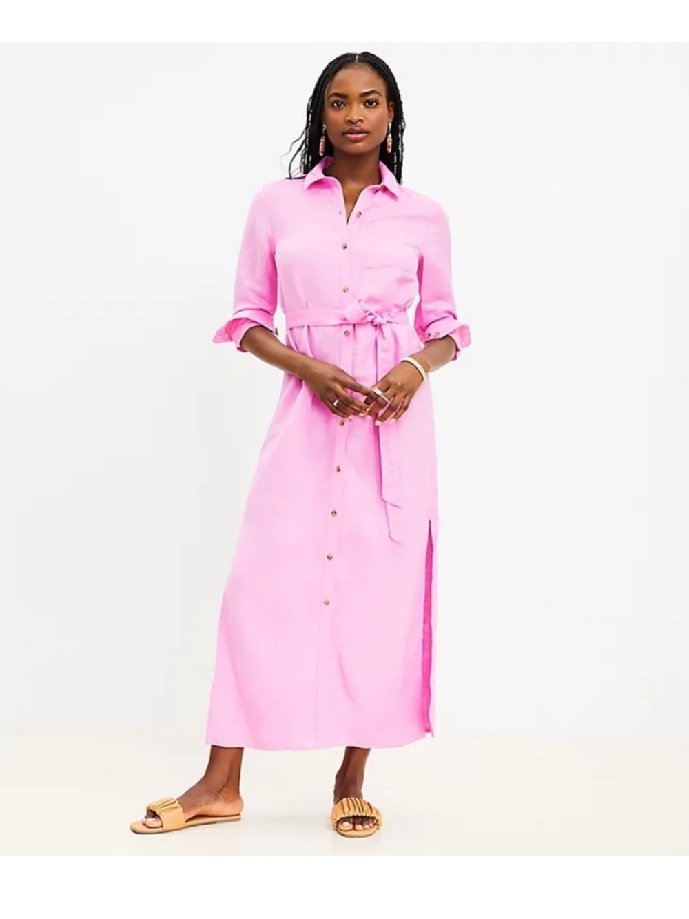 Loft Pink Linen Blend Shirt Dress Workwear Long Midi Tie Waist Women’s Size 6